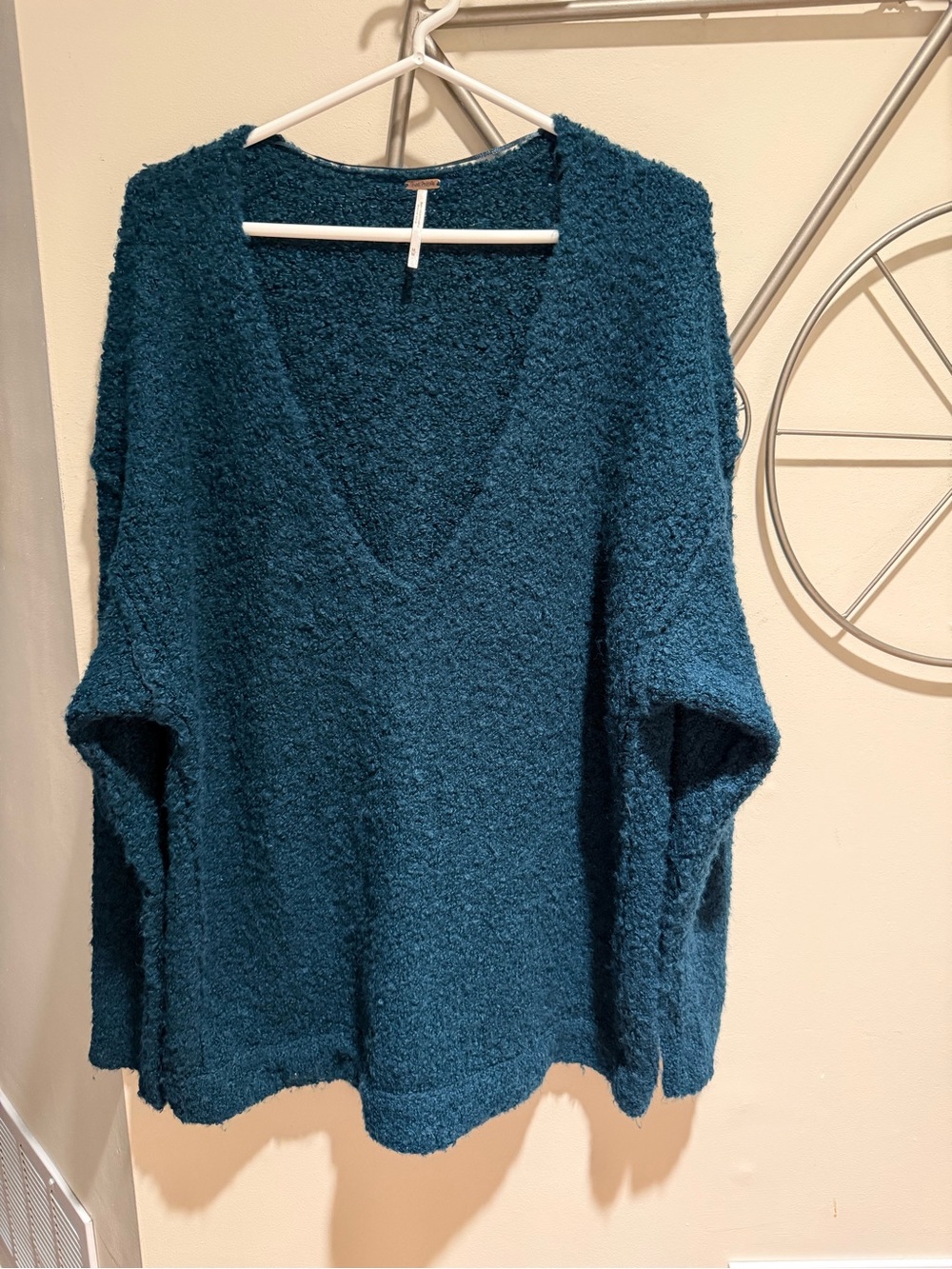 Free People Lofty Oversized Deep V-Neck Sweater Teal Blue Size M Alpaca Blend